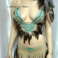 Pocahontas Native Fringe Feather Bra Costume Cosplay Dance Costume Rave Wear Halloween Burlesque Show Girl - Thumbnail 2