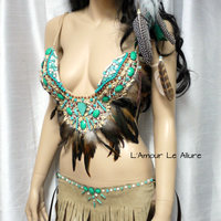 Pocahontas Native Fringe Feather Bra Costume Cosplay Dance Costume Rave Wear Halloween Burlesque Show Girl - Thumbnail 3