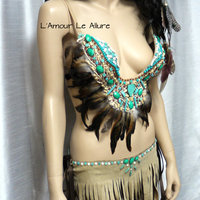 Pocahontas Native Fringe Feather Bra Costume Cosplay Dance Costume Rave Wear Halloween Burlesque Show Girl - Thumbnail 4
