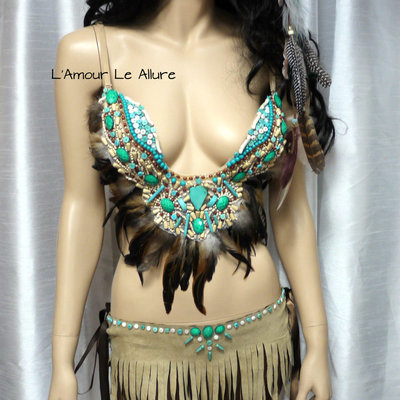 Pocahontas native fringe feather bra costume cosplay dance costume rave wear halloween burlesque show girl