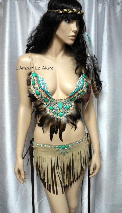 Pocahontas Native Fringe Feather Bra Costume Cosplay Dance Costume Rave Wear Halloween Burlesque Show Girl