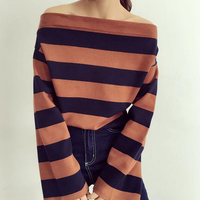 Striped Off The Shoulder T-shirt - Thumbnail 2