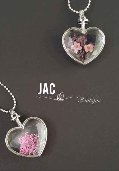 Flower in a Glass Heart - Long Necklace - Dry Flower Lockett - 