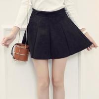 High Waist Suede Leather Pleated Skirt - Thumbnail 1