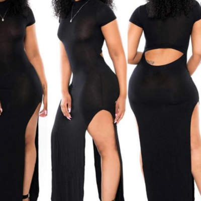Solid black side split maxi/ wrap dress