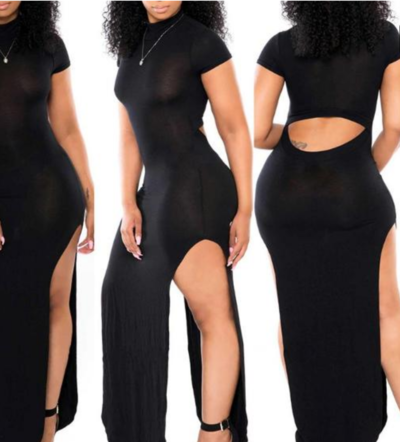 Solid Black Side Split Maxi/ Wrap Dress