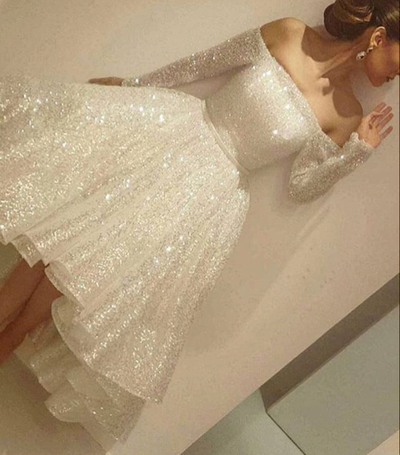 White sequins long sleeve homecoming dress,short prom dress for teens