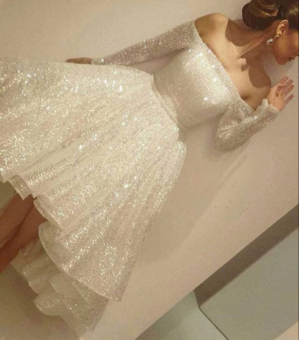 White sequins long sleeve homecoming dress,short prom dress for teens