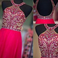 Halter Beaded Tulle Prom Gowns Wedding Party Dresses - Thumbnail 1