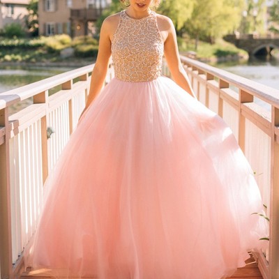 Pink tulle evening gown,a-line sequins long prom dresses - Thumbnail 4