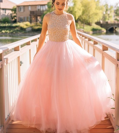 Pink tulle evening gown,A-line sequins long prom dresses