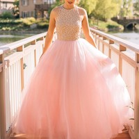 Pink tulle evening gown,A-line sequins long prom dresses - Thumbnail 1