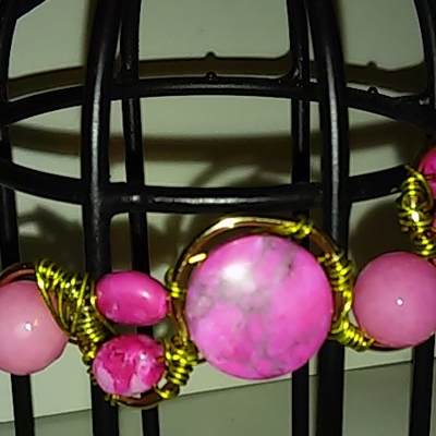 Gold wired bracelet with natural stones, with black ribbon band - Thumbnail 4