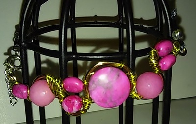 Gold Wired Bracelet with Natural Stones, with Black Ribbon Band