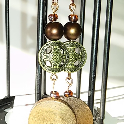 Wooden beaded brown/bronze celtic cross earrings