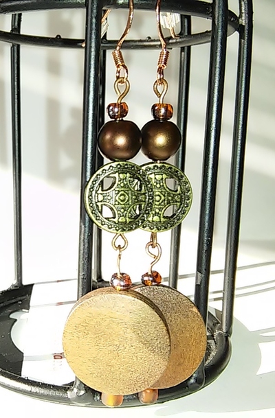 Wooden Beaded Brown/Bronze Celtic Cross Earrings