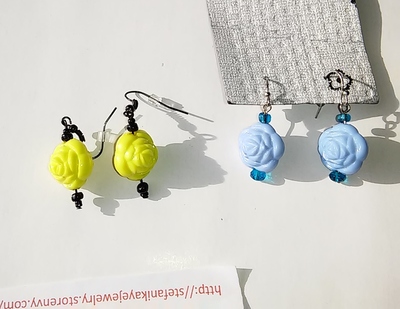 Periwinkle and Yellow/Black Rose Shaped Acrylic Beaded Earrings