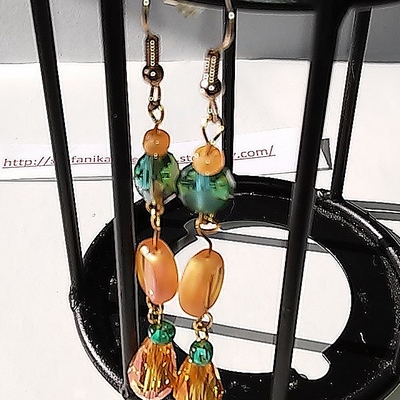 Orange/peach & green/jade colored glass earrings