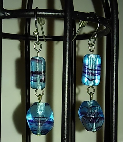 blue glass with black lines earrings