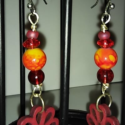 Wood and acrylic red-orange-yellow theme beads earrings