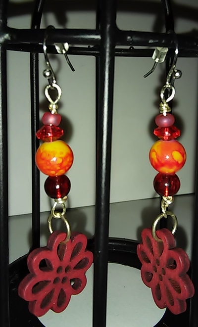 wood and acrylic red-orange-yellow theme beads earrings