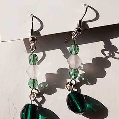 Green and white polished glass drop dangle earrings