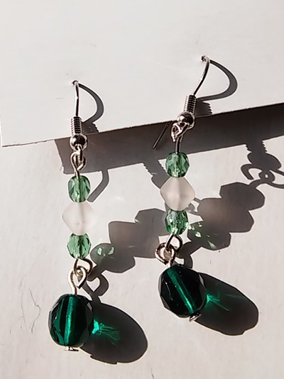 green and white polished glass drop dangle earrings