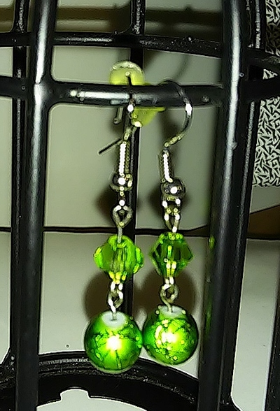 green cut glass and foil earrings