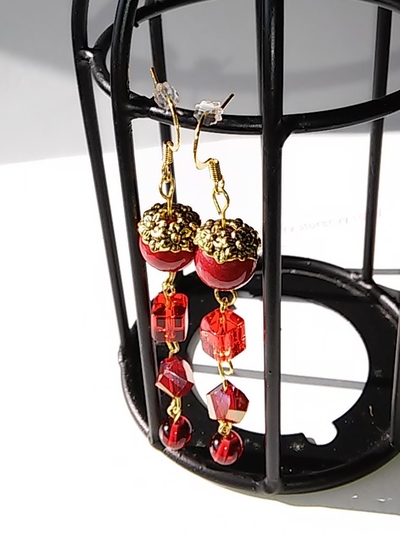 Red Glass Gold Trim Earrings