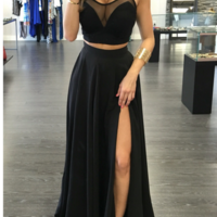 Black chiffon long  prom dress,two pieces evening dess - Thumbnail 1