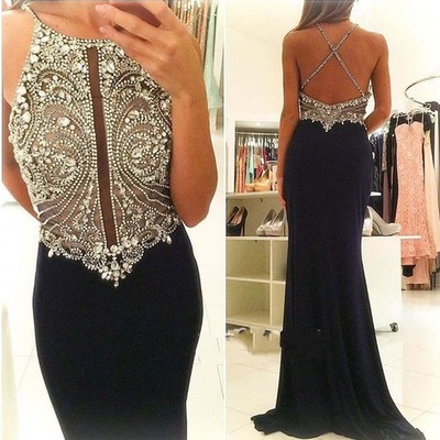  sparkling crystal beading long prom dress, sexy criss cross backless evenig dress