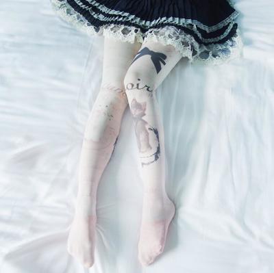 Sweat Bowknot Cat Print Pantyhose / Thigh High Tights