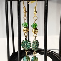 Steampunk Stamped FlowerBead Brushed Gold/Bronze Antique-y With Green Fired Glass Bead Accent Earrings - Thumbnail 2