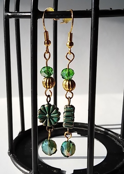 Steampunk Stamped FlowerBead Brushed Gold/Bronze Antique-y With Green Fired Glass Bead Accent Earrings