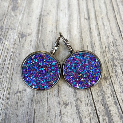 16mm purple rainbow titanium gunmetal drop earrings