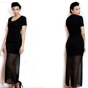 Vintage 1970s 1980s M / L Dress Long Black Maxi w/ Sheer Bottom Medium Large