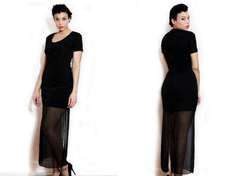 Vintage 1970s 1980s M / L Dress Long Black Maxi w/ Sheer Bottom Medium Large