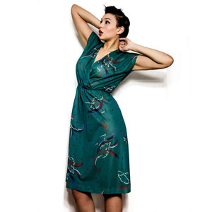 Vintage 1970s L / XL Sheer Green Dress w/ Abstract Feather & Leaf Print Large X-Large  Retro Spring Boho - Thumbnail 1