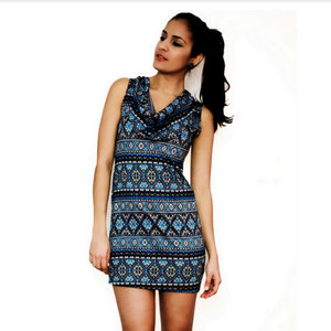 Vintage 1980s S / M Dress Aztec Tribal Inspired Blue Mini Small Medium Retro Boho Hippie - Thumbnail 3