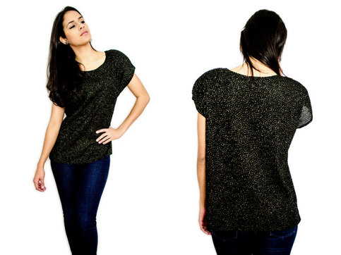 Vintage 1960s M / L Shirt Black & Gold Sheer Crinkle Polka Dots 1970s Medium Large Retro