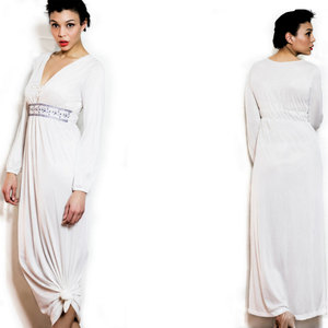 Vintage S / M / L Long Sleeve Sheer White Maxi Dress w/ Blue & White Floral Stitching Small Medium Large