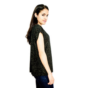 Vintage 1960s M / L Shirt Black & Gold Sheer Crinkle Polka Dots 1970s Medium Large Retro - Thumbnail 1