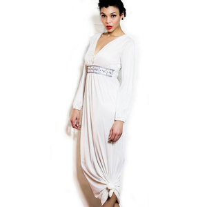 Vintage S / M / L Long Sleeve Sheer White Maxi Dress w/ Blue & White Floral Stitching Small Medium Large - Thumbnail 1