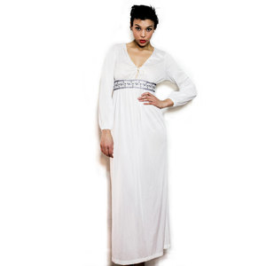 Vintage S / M / L Long Sleeve Sheer White Maxi Dress w/ Blue & White Floral Stitching Small Medium Large - Thumbnail 2