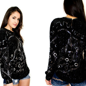 Vintage S/M 1980'S Black Silver Silk Sequin Beaded Top Small Medium