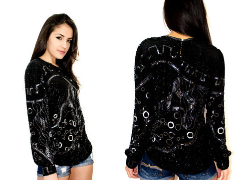 Vintage S/M 1980'S Black Silver Silk Sequin Beaded Top Small Medium