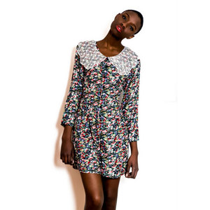 Vintage M / L Floral Button Up Romper With Lace Peter Pan Collar Medium Large Jumper Dress - Thumbnail 3