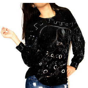 Vintage S/M 1980'S Black Silver Silk Sequin Beaded Top Small Medium - Thumbnail 3