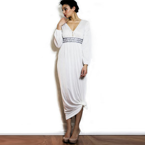 Vintage S / M / L Long Sleeve Sheer White Maxi Dress w/ Blue & White Floral Stitching Small Medium Large - Thumbnail 4