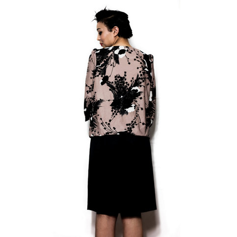 Vintage L / XL Tan Flower Print Shift Mini Dress Brown Black And White Large X-Large Womens